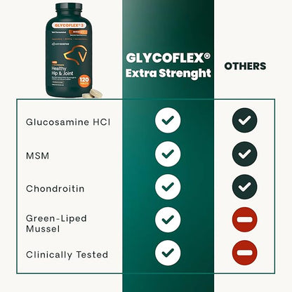VetriScience Glycoflex 3 Clinically Proven Hip and Joint Supplement for Dogs - Maximum Strength Dog Supplement with Glucosamine, MSM, Green Lipped Mussel & DMG - 2 Pack (120 Chewable Tablets Each)