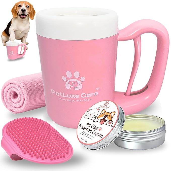 Dog Paw Cleaner Kit - Includes Paw Washer Cup, Towel, Pet Bath Brush & Moisturizing Balm - Dog Foot Washer for Muddy Paws, ideal for Small & Medium Dogs (Pink, Medium)