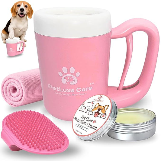 Dog Paw Cleaner Kit - Includes Paw Washer Cup, Towel, Pet Bath Brush & Moisturizing Balm - Dog Foot Washer for Muddy Paws, ideal for Small & Medium Dogs (Pink, Medium)