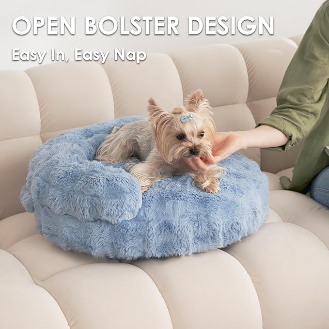 EHEYCIGA Extra Small Dog Bed and Cat Couch for Puppy and Kitten - Fluffy Faux Rabbit Fur Pet Sofa with Washable Removable Cover, Waterproof and Non-Slip, 20 Inch, Baby Blue