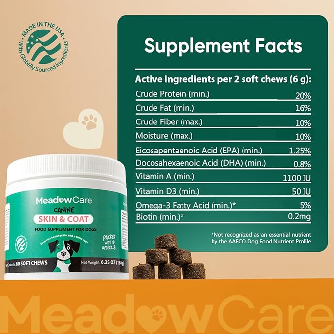 Skin and Coat Supplement for Dogs | Omega 3 Fatty Acid Formula to Support Canine Healthy Skin, Reduce Shedding, and Improve a Glossy, Shiny Coat | 60 Tasty Soft Chews 180g (6.35 oz) | by MeadowCare