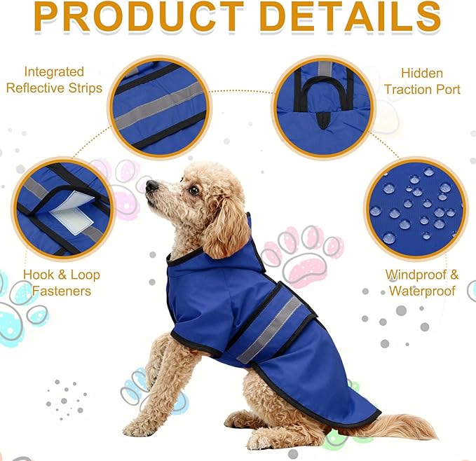Dog Raincoat, Dog Rain Jacket Waterproof Jacket Reflective Adjustable Hooded Pet Rain Coat with Leash Hole, (Blue, 2XL), Intended for Large Medium Small Puppies