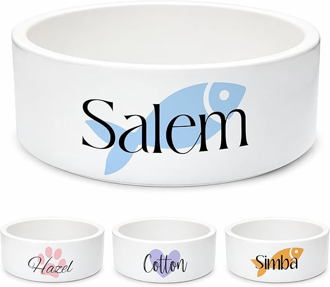 Custom Cat Bowl | Personalized Food & Water Dish with Name | Microwave & Dishwasher Safe Ceramic Pet Feeding Bowl for Kitty | Gift for New Kitten Owners | White – Small