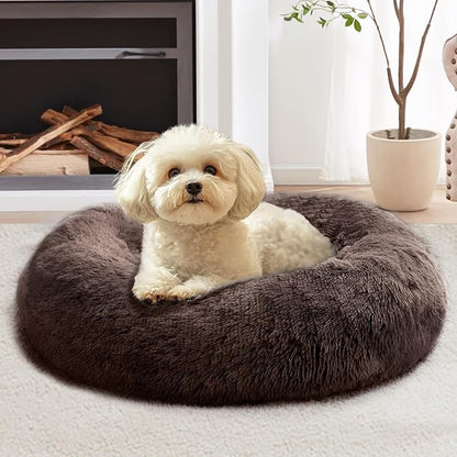 JOLLYVOGUE Small Dog & Cat Beds for Indoor Cats, Donut Cuddler Warming Soft Dog Beds with Anti-Slip Bottom, Round Calming Fluffy Plush Faux Fur Cushion Bed for Medium Dogs (31")