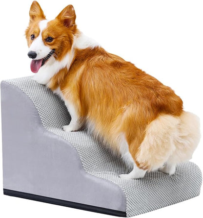 Dog Stairs for Small Dogs and Cats, 16" H 3 Steps Pet Steps Ramp for High Bed, Couch, Sofa, Waterproof Pet Stairs with Removable Washable Cover, Non-Slip Bottom, Light Gray