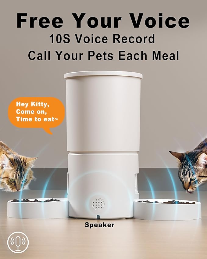 DomoMayli Automatic Cat Feeder for 2 Cats,Dual Bowl Dry Pet Food Dispenser with Portion Control & 10s Voice Recorder,Timer Feeding,Double Power,Quiet Operation(White, ABS Dual Bowls)