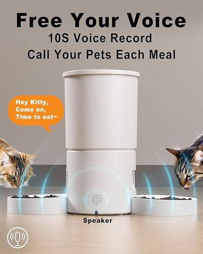 DomoMayli Automatic Cat Feeder for 2 Cats,Dual Bowl Dry Pet Food Dispenser with Portion Control & 10s Voice Recorder,Timer Feeding,Double Power,Quiet Operation(White, ABS Dual Bowls)