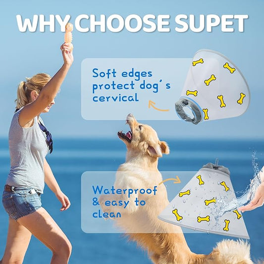 Supet Dog Cone Collar After Surgery to Stop Licking: Adjustable Recovery Elizabeth Collar Alternative for Large Medium Small Dogs, Plastic Pet Head Neck Cone (M)
