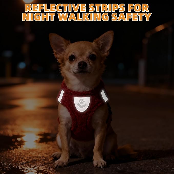 KOOLTAIL Plush Small Dog Harness and Leash Set, Warm Fleece No Pull Puppy Vest for Winter, Lightweight Reflective Step in Pet Harness for Medium Sized Dogs Boy Girl Outdoor Walking, Christmas Red S