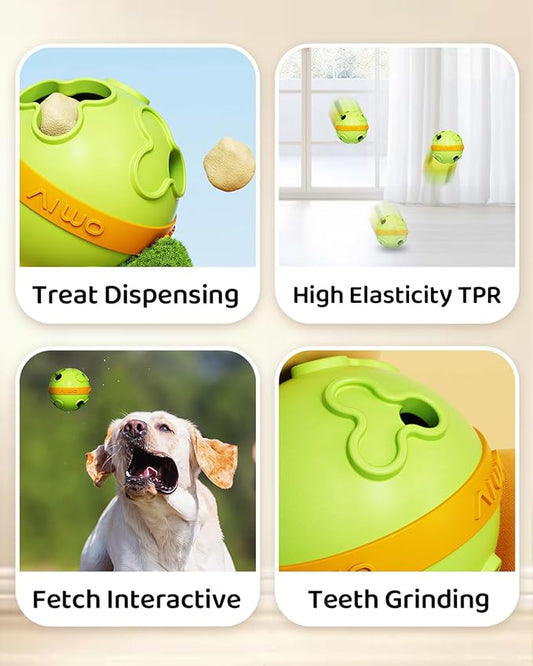Interactive Dog Treat Dispenser Clover Ball Bite Resistant TPR Puzzle Feeder for All Dog Size Fun Bounce Fetch Toy with Dual Holes, Washable Pet Enrichment Chew Toy for Boredom Relief & Slow Yellow