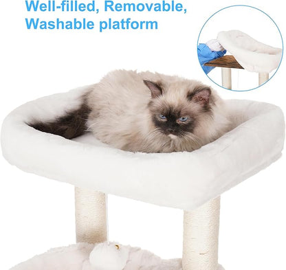 Hey-brother Cat Tree with Litter Box Enclosure, Modern Cat Tower for Indoor Cats with Large Platform, Condo Food Station and 2 Hammocks, All-in-one Cat Furniture, Wood Rustic Brown MPJ115SR