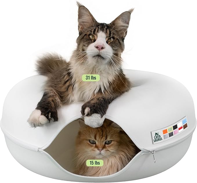 Cattasaurus Peekaboo Cat Cave, Extra Spacious for Multiple & Large Cats 15+ lbs, Scratch Detachable Cat Beds for Indoor Cats, Washable Tunnel Bed, Comfy Donut Tunnel (White, Jumbo)