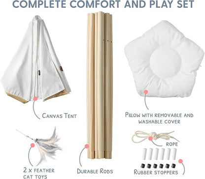The Cat Ladies Cat Teepee - White Small Dog Tent Bed with a Soft Inner Cushion - Indoor Pet Teepee with Wooden Poles for Cats Dogs Rabbit and Bunny - with Feather Toys