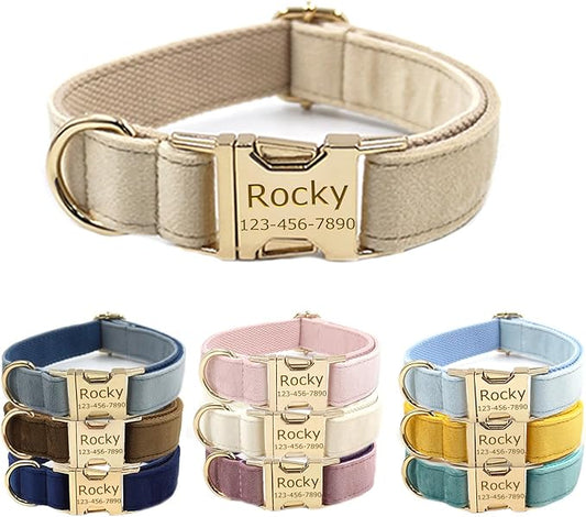 Personalized Velvet Dog Collars with Pet Name Phone Number Engraved, Custom Adjustable Soft Collar with Metal Buckle for Small Medium Large Dogs, Dog Leash and Bow Tie Available -Pale Brown