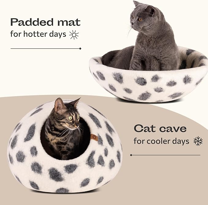 MEOWFIA Cat Cave – Premium Felt Cat Bed for Indoor Cats, Handmade 100% Merino Wool, Cat (Large, Snow Leopard)