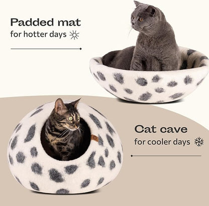 MEOWFIA Cat Cave – Premium Felt Cat Bed for Indoor Cats, Handmade 100% Merino Wool, Cat (Large, Snow Leopard)