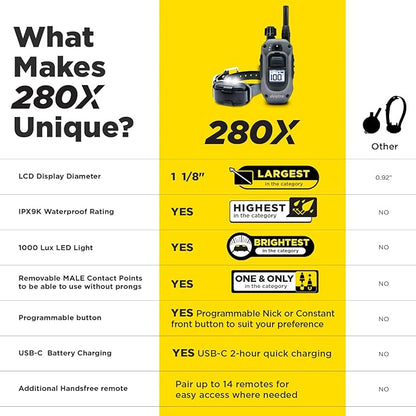 Dogtra 280X E-Collar with Remote [New Edition] 10 lbs+, 1/2 Mile Range, LED Light, 100 Levels of Precise Control for Stubborn Dogs, Waterproof, Boost for Quick Recall, Vibration, Safety Lock & Tone