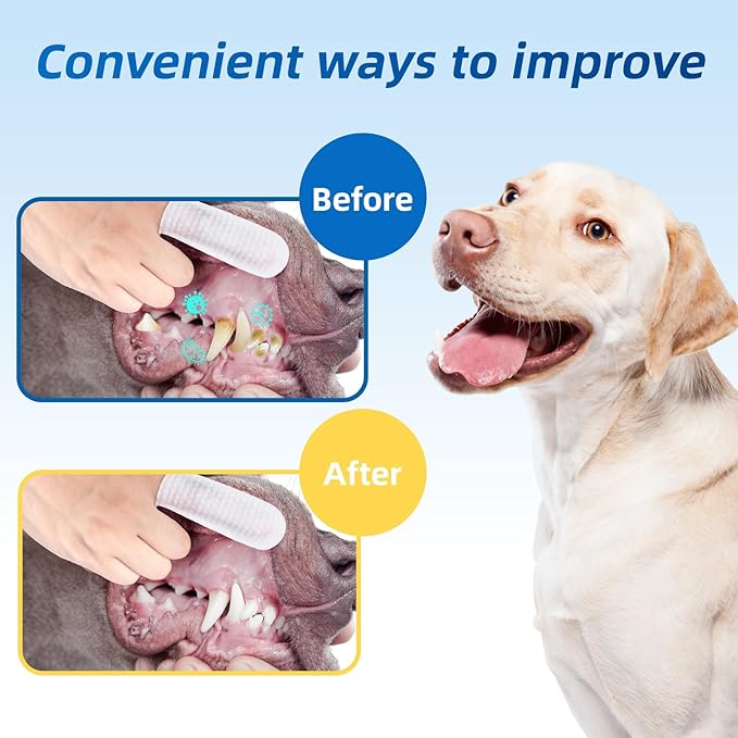 Dog Dental Wipes for Teeth Cleaning - Dog Tooth Wipes & Finger Toothbrush for Dogs, Waterless Formula Helps Fight Plaque and Tartar, Freshens Breath, Easy No-Rinse Oral Care (60 Count)