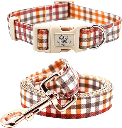 Elegant little tail Dog Collar with Leash, Fall Plaid Pet Collar Leash Adjustable Collar for Small Medium Large Dogs Soft Puppy Collars with Quick Release Buckle Girl Boy Dog Collars