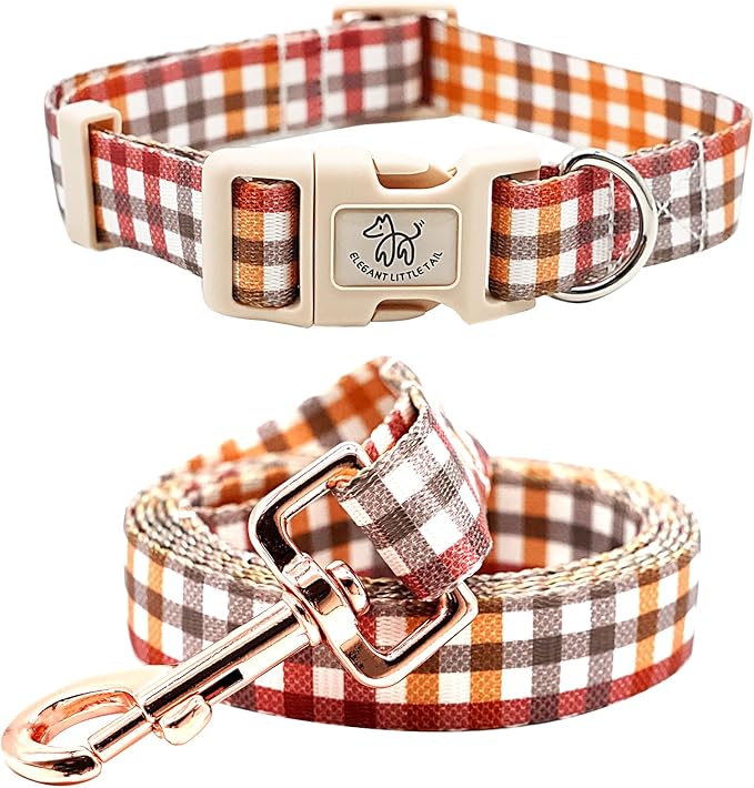Elegant little tail Dog Collar with Leash, Fall Plaid Pet Collar Leash Adjustable Collar for Small Medium Large Dogs Soft Puppy Collars with Quick Release Buckle Girl Boy Dog Collars