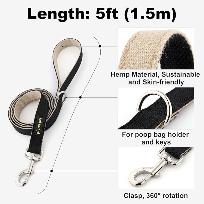 Plutus Pet Cotton Hemp Dog Collar and Leash Set, Adjustable Collar for Small, Medium, and Large Dogs, Heavy Duty and Soft on Skin, Black, M
