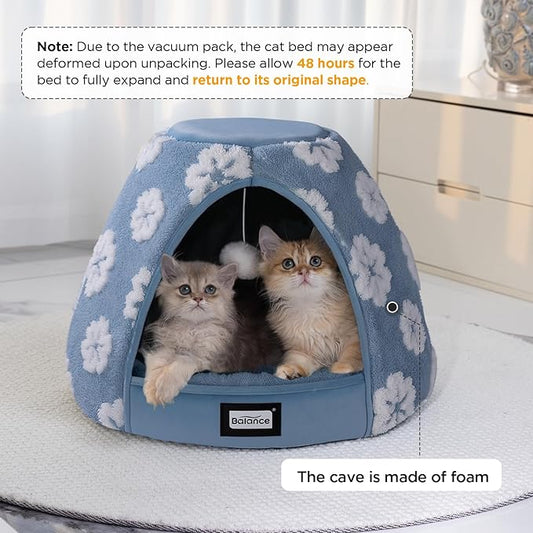 BALANCE Cat Beds for Indoor Cats, 2-in-1 Cat Bed Cave with Anti-Slip Bottom and Ultra-Soft Plush, Cozy Cats House Tent for Kittens and Small Dogs, 21 Inches, Blue