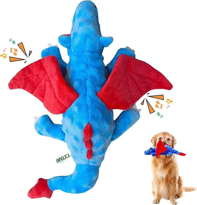 Durable Plush Dinosaur Dog Toys with Squeaker, Crinkle Paper Stuffed Chew Toys for Small Middle and Large Dogs 14 Inch