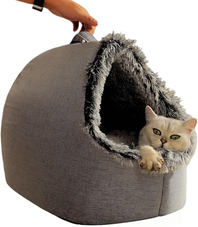 WinterWarmPet CaveBed, Warm Enclosed Pet Bed, Portable Cold-Proof Cozy Cat House Comfortable Anxiety-Relief Pillow Bed (Gray, Large)