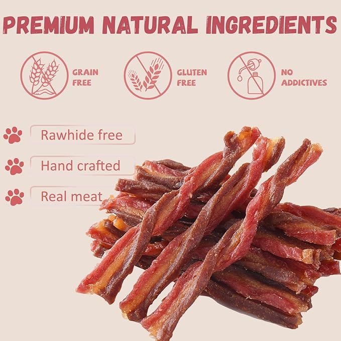 Triple Flavored Dog Treats Chicken, Duck & Beef Twists, Healthy Low Fat Dog Jerky Chews, High Protein Training Treats Snacks for Small Medium Large Breed, 10.6 oz