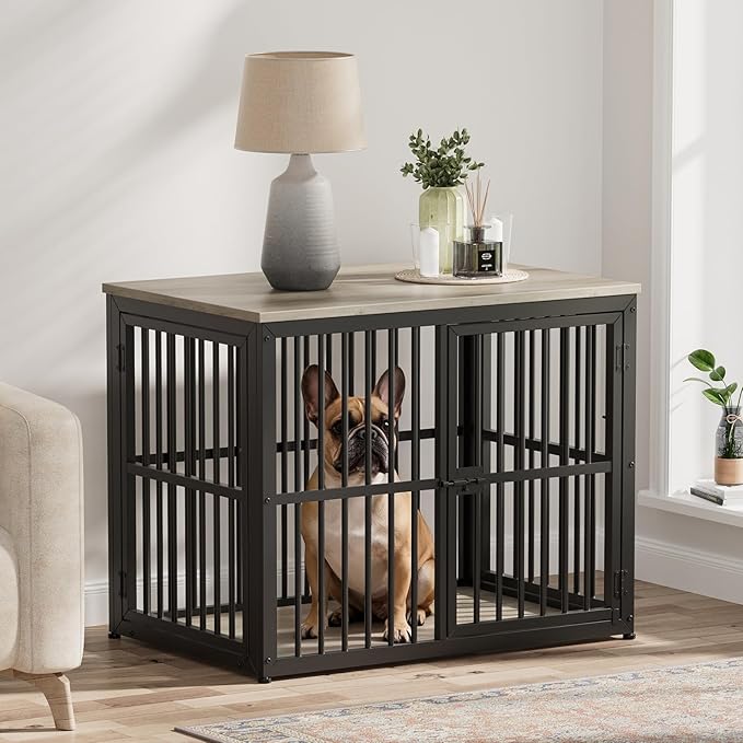 Lyromix 33'' Dog Crate Furniture with 3 Doors,Wooden Crate End Table Heavy Duty Indoor Puppy Cage for Small to Medium Dogs, Multiple Units Can be Combined, Grey