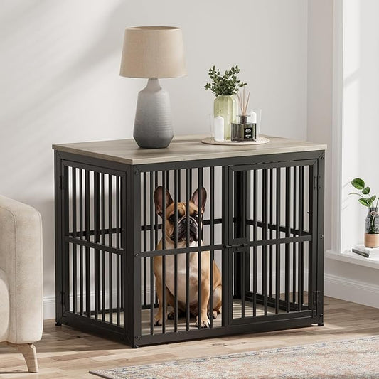 Lyromix 33'' Dog Crate Furniture with 3 Doors,Wooden Crate End Table Heavy Duty Indoor Puppy Cage for Small to Medium Dogs, Multiple Units Can be Combined, Grey