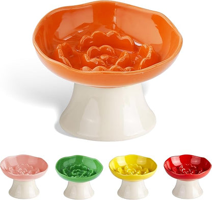 Ceramic Slow Feeder Bowl for Cats and Small Dogs, Elevated Tilted Pet Food Dish, Whisker Friendly Anti-Vomit Design, Heavy Stable Base, Dishwasher Safe， 5 Colors Options (Tangerine Orange)