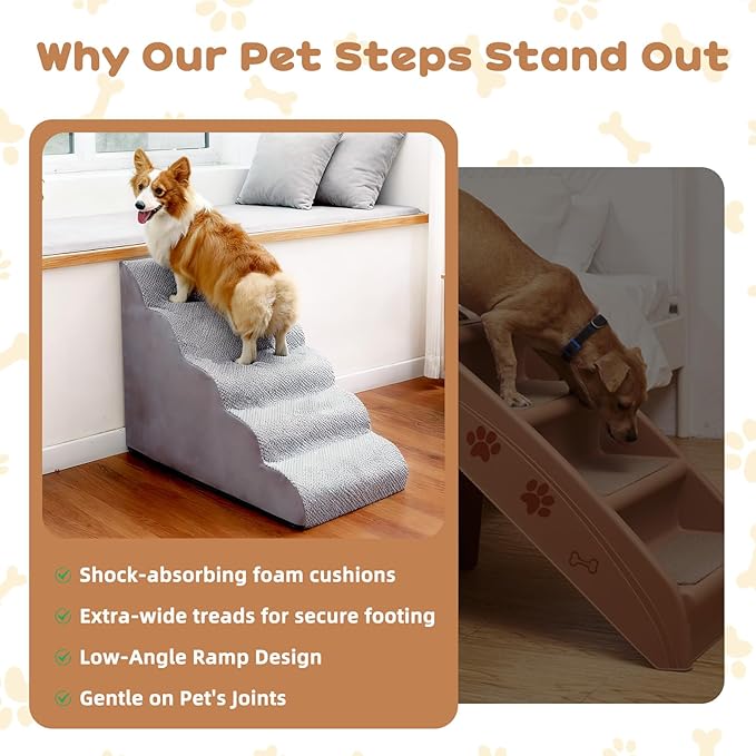 Dog Stairs for Small Dogs and Cats, 23" H 5 Steps Pet Steps Ramp for High Bed, Couch, Sofa, Waterproof Pet Stairs with Removable Washable Cover, Non-Slip Bottom, Light Gray