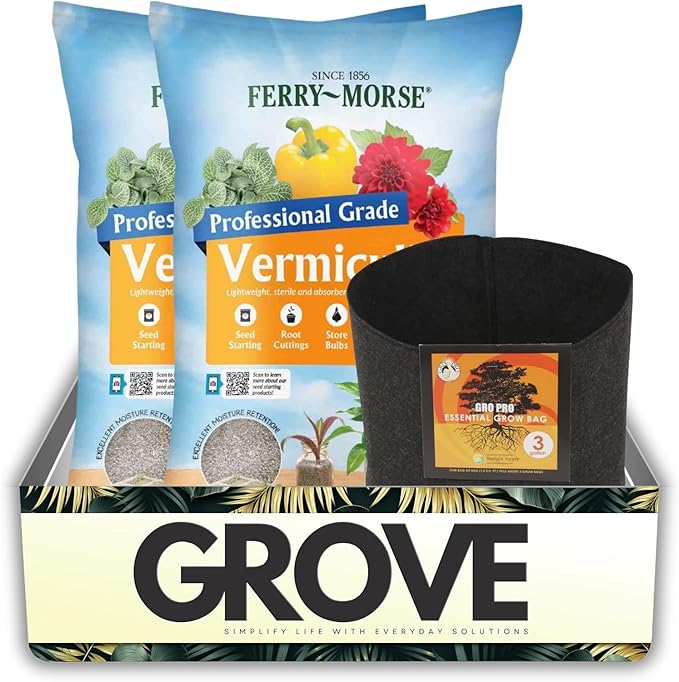 GROVE Chunky Perlite for Plants Indoor Bundle with Grow Bag Planter Black – Lightweight Mineral Soil Additive for Drainage, Aeration & Moisture Retention – Gift Set (3 Items)