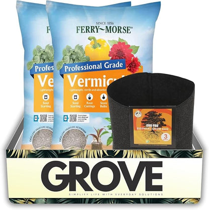 GROVE Chunky Perlite for Plants Indoor Bundle with Grow Bag Planter Black – Lightweight Mineral Soil Additive for Drainage, Aeration & Moisture Retention – Gift Set (3 Items)