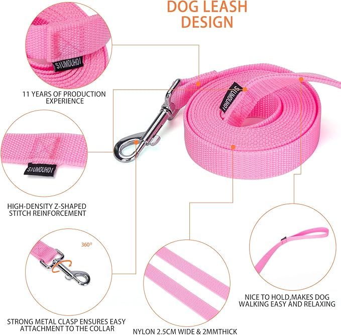 10 ft Strong Durable Nylon Dog Training Leash, Traction Rope, 1 Inch Wide, for Small and Medium Dog (Pink, 10 Feet)