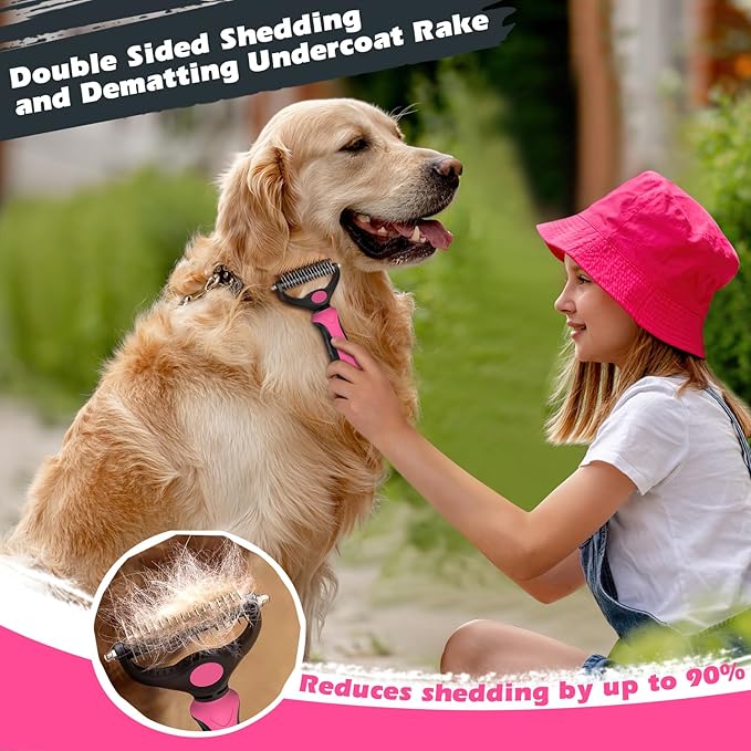 3PCS Self Cleaning Slicker Brush & Pet Grooming Rake & Bath Brush for Dogs,Cats and Horses | Double-Sided Dematting Comb & Skin Friendly Deshedding Grooming Tool | Premium Pet Supplies (Red Black)