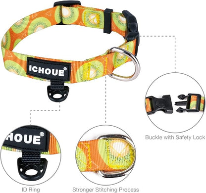 iChoue Original Print French Bulldog Collar Adjustable with Locked Buckle for Frenchie Pug English Boston Terrier Dogs, Kiwi Fruit, Small