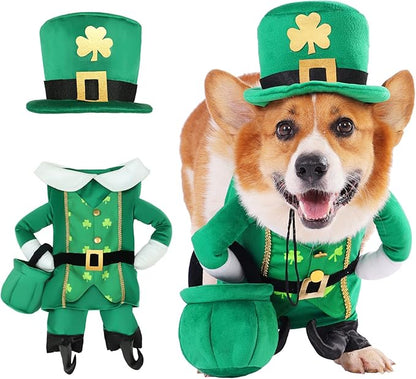 Leprechaun Dog Costume, 3 PCS St Patrick’s Day Puppy Outfit with Hat & Gold Pot, Irish Lucky Theme Celebration Green Holiday Clothes Dress Up for Dogs Cat Pet Small Medium Large