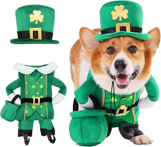 Leprechaun Dog Costume, 3 PCS St Patrick’s Day Puppy Outfit with Hat & Gold Pot, Irish Lucky Theme Celebration Green Holiday Clothes Dress Up for Dogs Cat Pet Small Medium Large