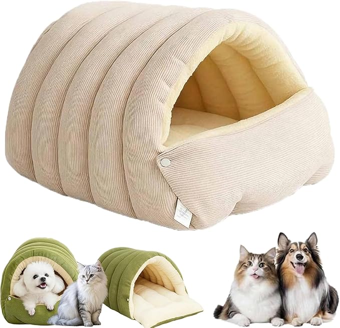 Cat Bed, Cat Beds for Indoor Cats, Cat Cave Bed Cat Tent with Removable Cushion, Warm Cave Nest Sleeping Bed Puppy House for Cats Small Dogs (Beige, M)