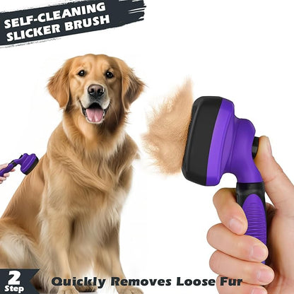 3PCS Self Cleaning Slicker Brush & Pet Grooming Rake & Bath Brush for Dogs,Cats and Horses | Double-Sided Dematting Comb & Skin Friendly Deshedding Grooming Tool | Pet Supplies (Purple Black)