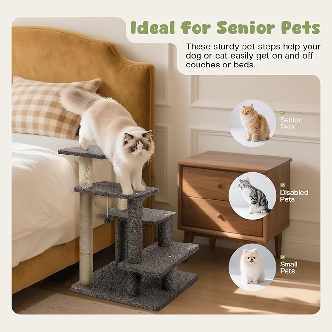 4-Step Pet Steps for Cats/Dogs, Cat Stairs with Sisal Scratching Post, Cat Steps for Older Cats with Enlarge Perch, Pet Stairs for High Bed and Couch, Gray