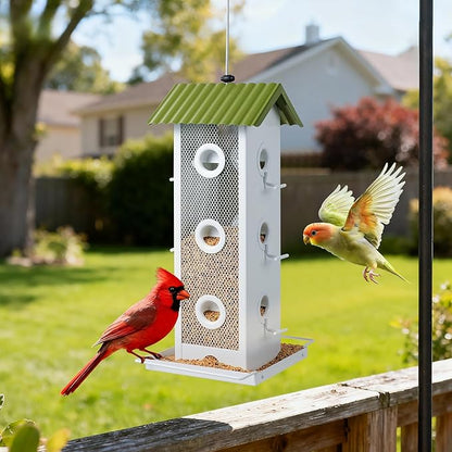 Shineforu All Metal Bird Feeder for Outdoors Hanging | 14-Port Multi-Bird Viewing | Premium Finish, Waterproof & Easy-Clean | Attracts Cardinals, Finches, Chickadees & More (Crisp White & Green)