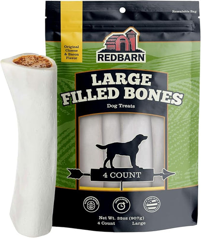 Redbarn Pet Products Large Filled Dog Bones, Cheese & Bacon Flavor - Long Lasting Stuffed Femur Chew Treat Made in USA - 4 Count - Packaging May Vary