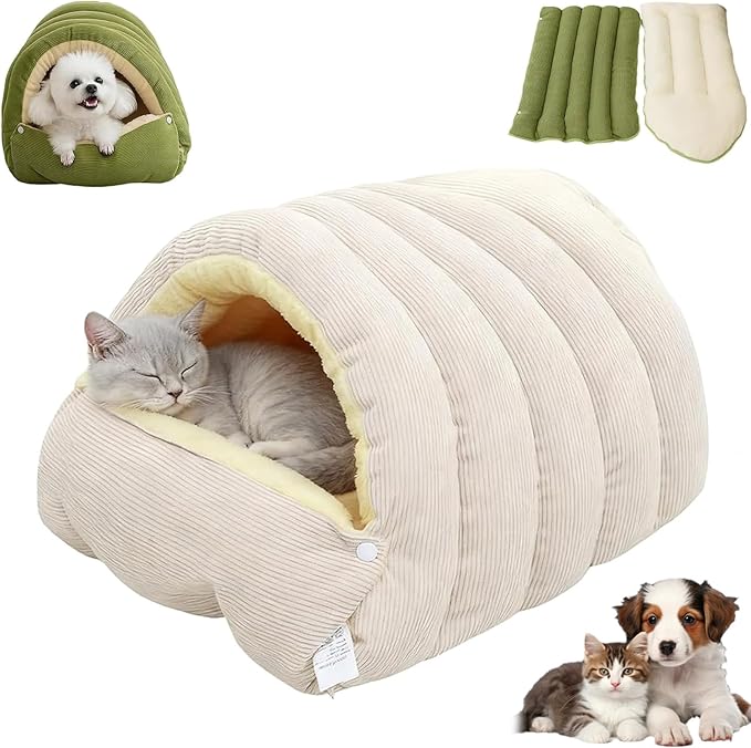 Cozy Monster Cat Bed, Soft and Warm Cats House Tent Bed, Pet Cave for Indoor Cats, Removable Cushioned Interior, Ideal for Cats, Kittens & Small Dogs (Beige, S)