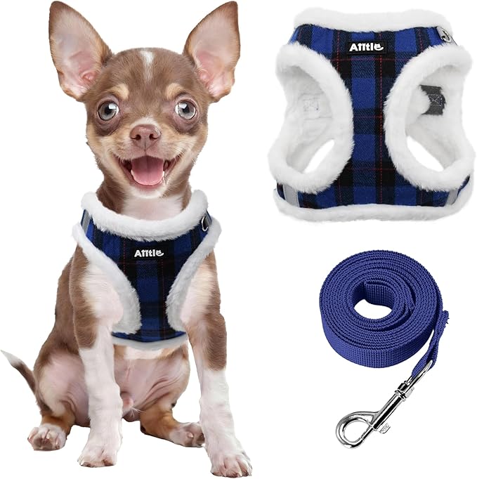 AIITLE Plush Reflective Dog Harness and Leash Set - Plaid Pattern, Warm, Soft, No-Pull, Secure with Hook & Loop Fastener, Adjustable with Padded Interior for Small Dogs (Blue, XXS)