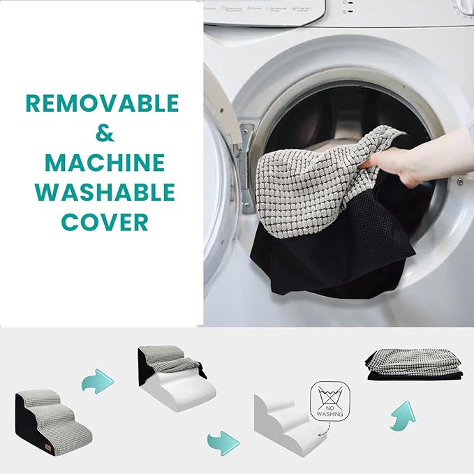 Dog Stairs for Small Dogs, 15.8 in H 3 Step Curved Dog Ramp for High Bed and Couch, Foam Dog Ramp with Durable Non-Slip Waterproof Fabric Cover, Pet Stairs for Pets Joints, Light Grey