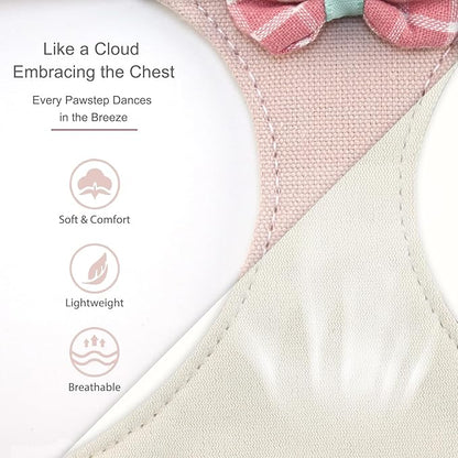 Small Dog Harness with Leash and Bow Tie, Cute Breathable Puppy Harness Easy for Walking, No Pull No Choke Escape Proof Pet Harness, Sakura Pink S