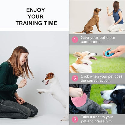 Left&Right Dog Clicker Training Kit,Silicone Dog Training Treat Pouch and Dog Clickers,Dog Treat Bag with Clicker Training for Dogs,Pet Treat Bag with Magnetic Buckle Closing and Waist Clip,Pink